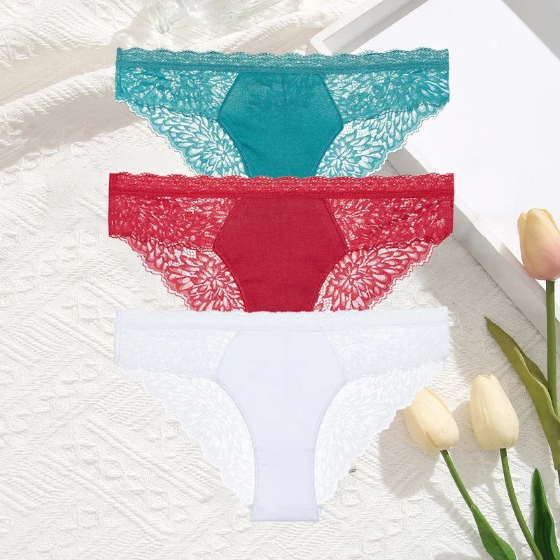 3-Pack Seamless Lace Hollow-Out Brief Panties – Soft Breathable Low-Rise Underwear for Women (S–XL, 20 Color Sets)