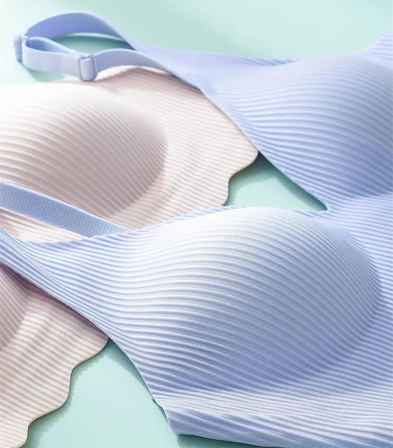 Women's Seamless Striped Push-Up Bra – Wire-Free Hollow Design | 3/4 Cup Gathered Bra