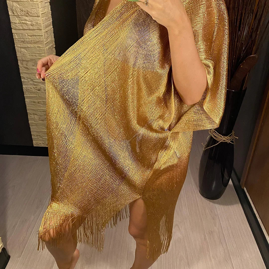 Metallic Tassel Trim Beach Cover-Up — Sheer Kimono | Women's Swimwear