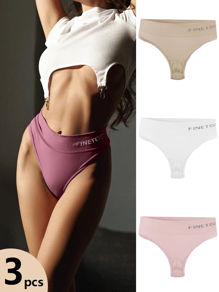 FINETOO 3pcs Women's Stretchy Panties Sexy High Waist Thongs Plus Size Underwear for Female Breathable Solid Soft Lingerie M-2XL
