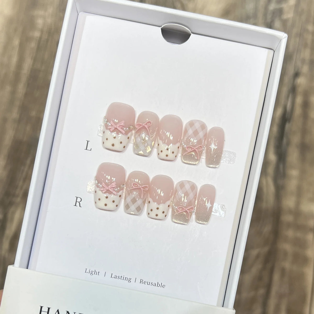 Pink Cat-Eye Press-On Nails – Medium Ballerina Bow Designs, 10 Pieces