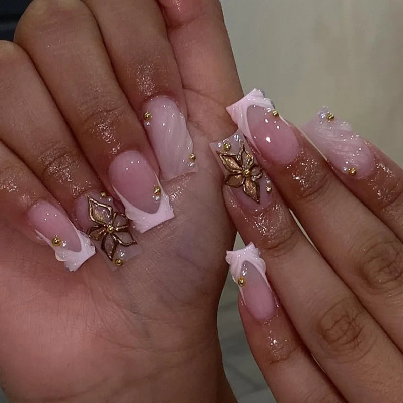 Medium Square Press-On Nails with Adhesive - Blush Pink Floral & French, 24 Pieces