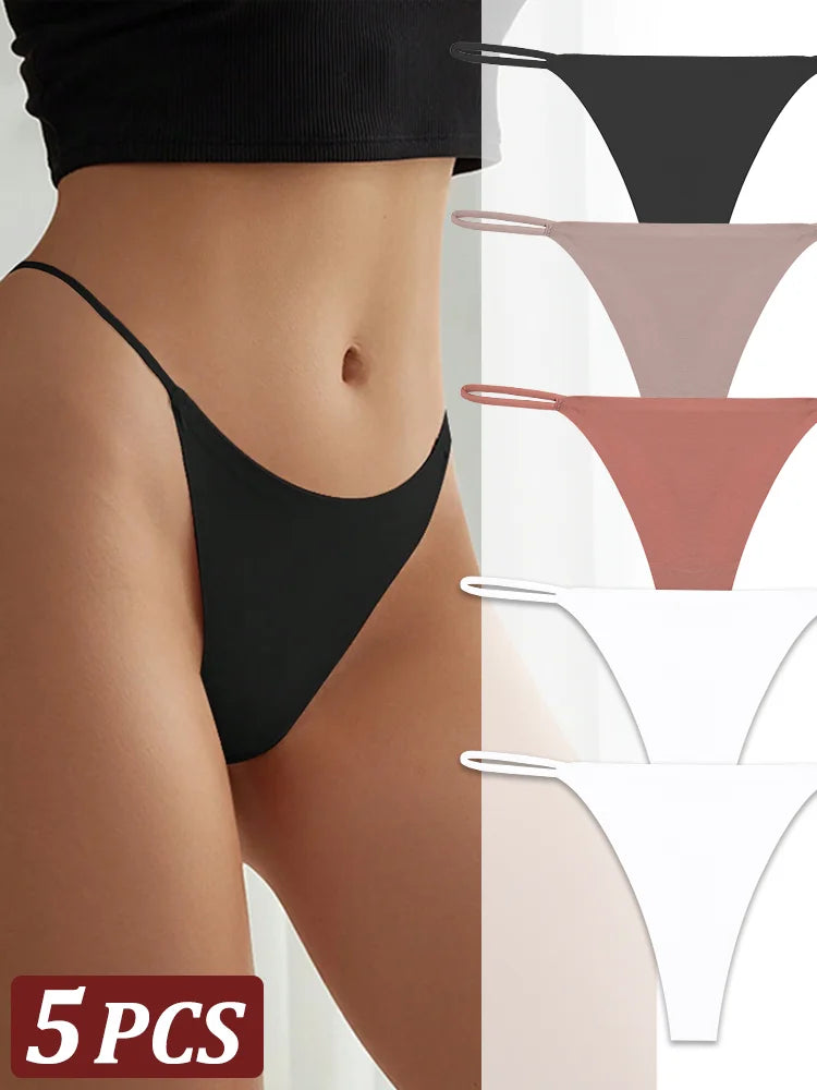 5-Pack Seamless Thong Underwear – Low-Rise Ice Silk G-String Panties for Women (XS–XL, 24 Color Sets)