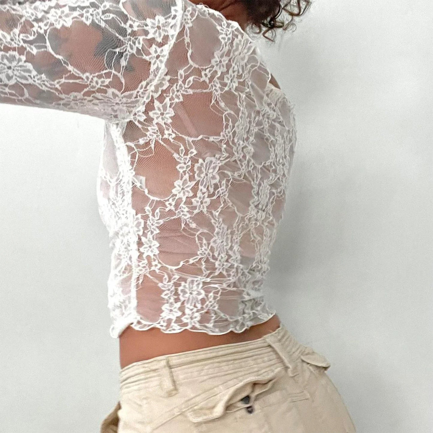 Sexy Women Lace Mesh Sheer Crop Tops Long Sleeve See Through T Shirt Going Out Tops Slim Fit Cover Up Blouse Top