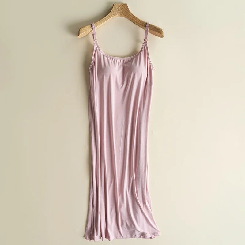 Women's Maternity Nursing Tank Dress with Built-in Bra Breastfeeding Long Sleeveless Nightdress for Pregnant Nursing Mothers