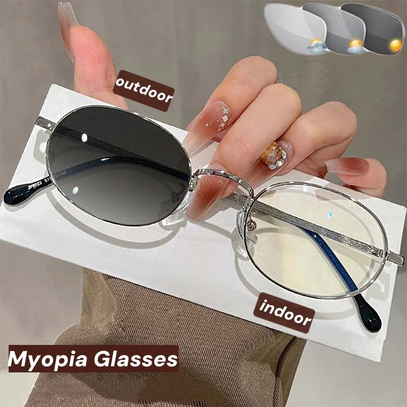 Oval Metal Photochromic Glasses | Myopia Lens Options