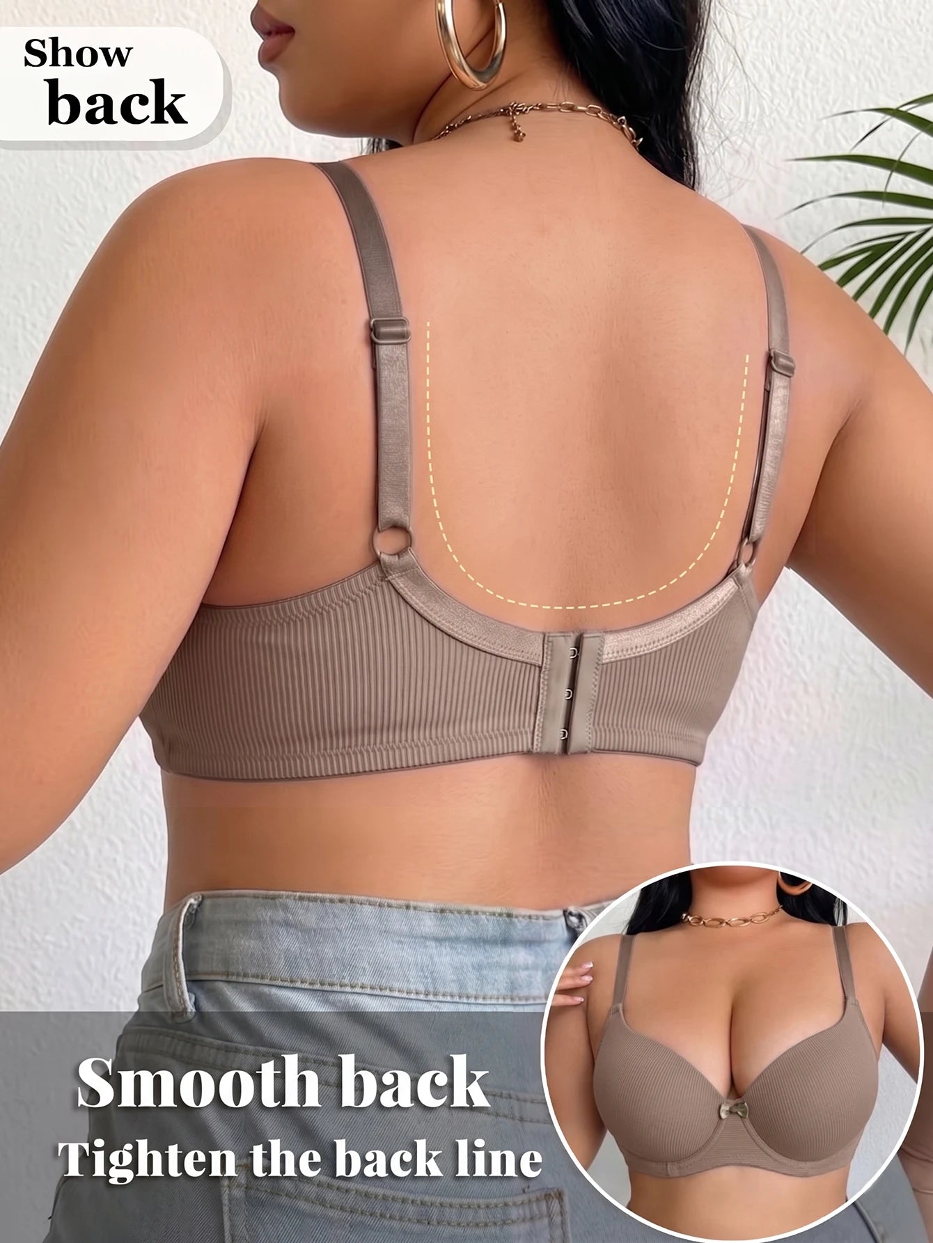 Plus Size Ribbed Push-Up Bra — Wide Strap Underwire Side Gather | Women's Bra