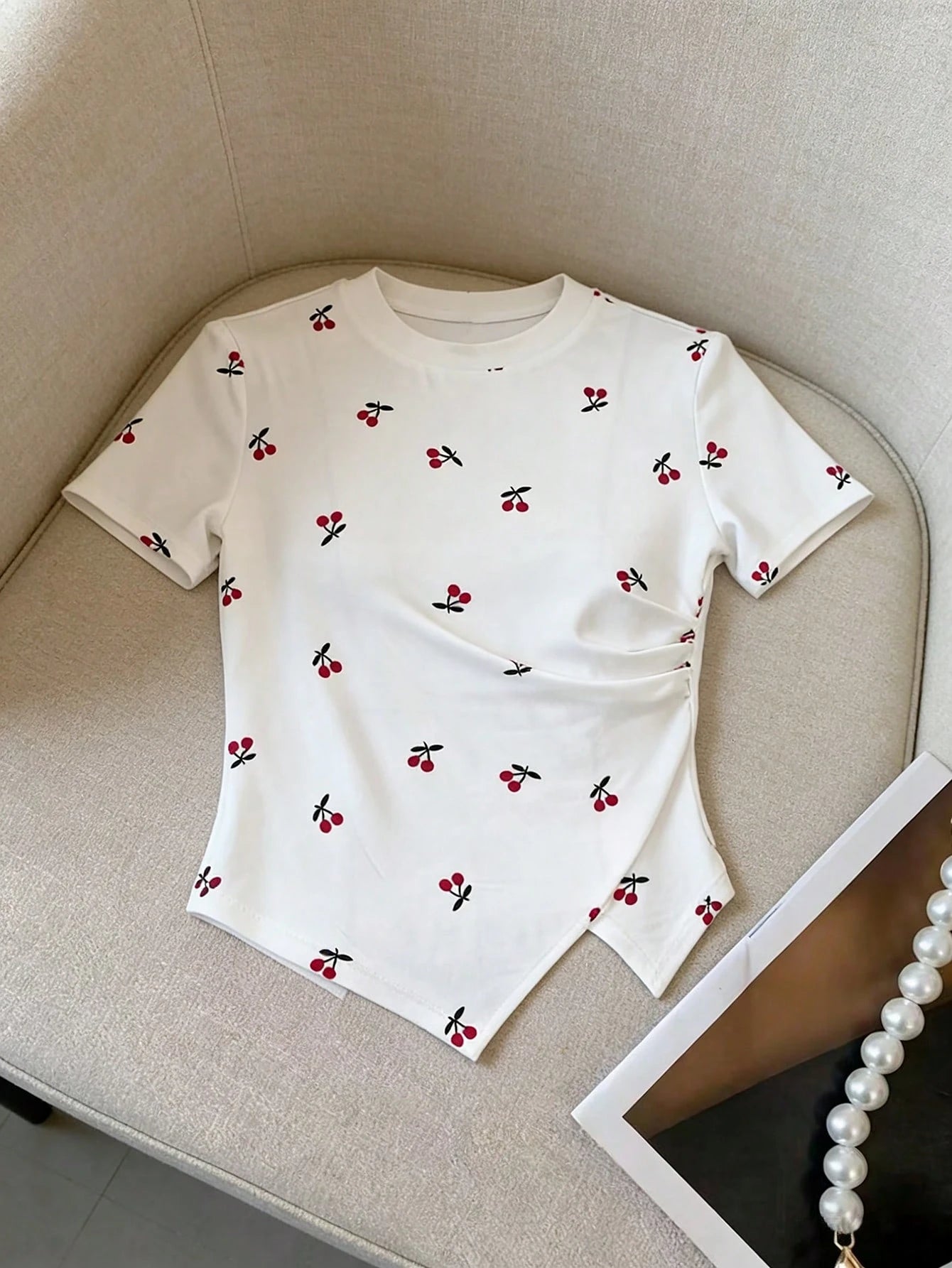 Ladies Spring Summer Casual Cherry Print Short Sleeve T-Shirt Asymmetrical Hem Base Shirt Bottoming Top