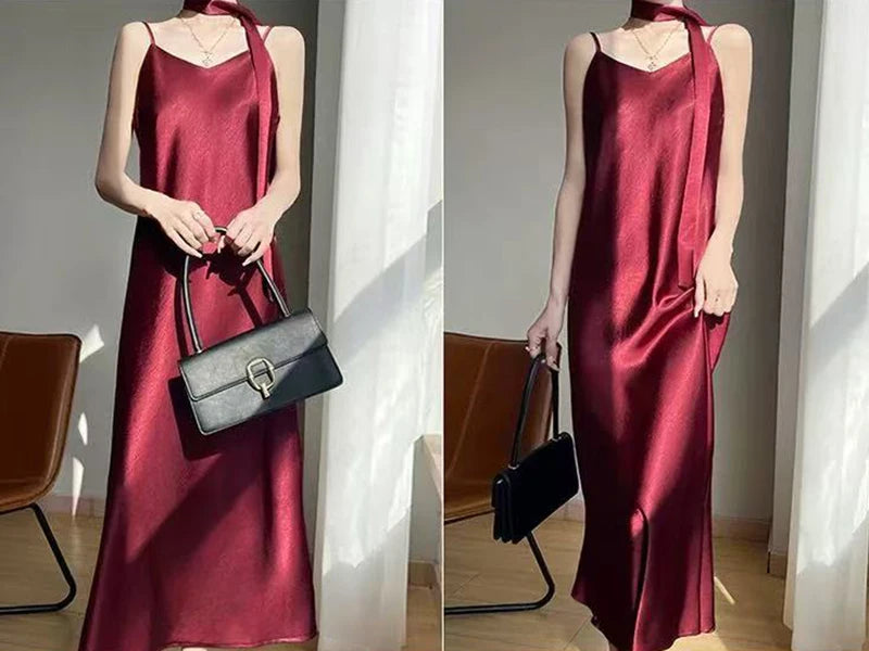 French Elegant Satin Camis Dress Women Summer Loose with Ribbon Midi Dress Female Fashion Aesthetic Party Evening Slip Dress