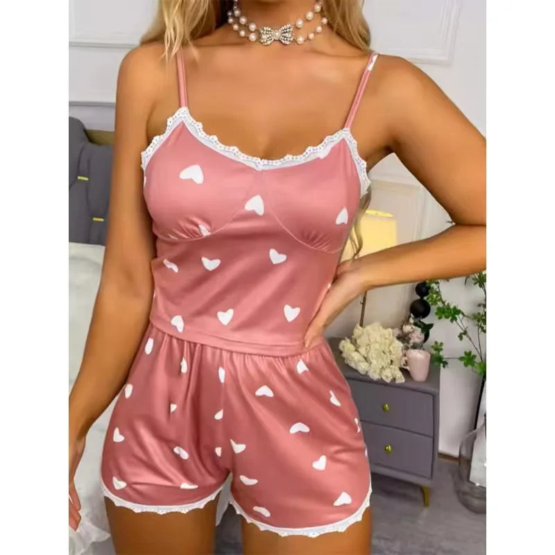 Lace-Trim Printed Suspender Pajama Set – V-Neck Top & Shorts, 100% Cotton Summer Sleepwear (S–2XL)