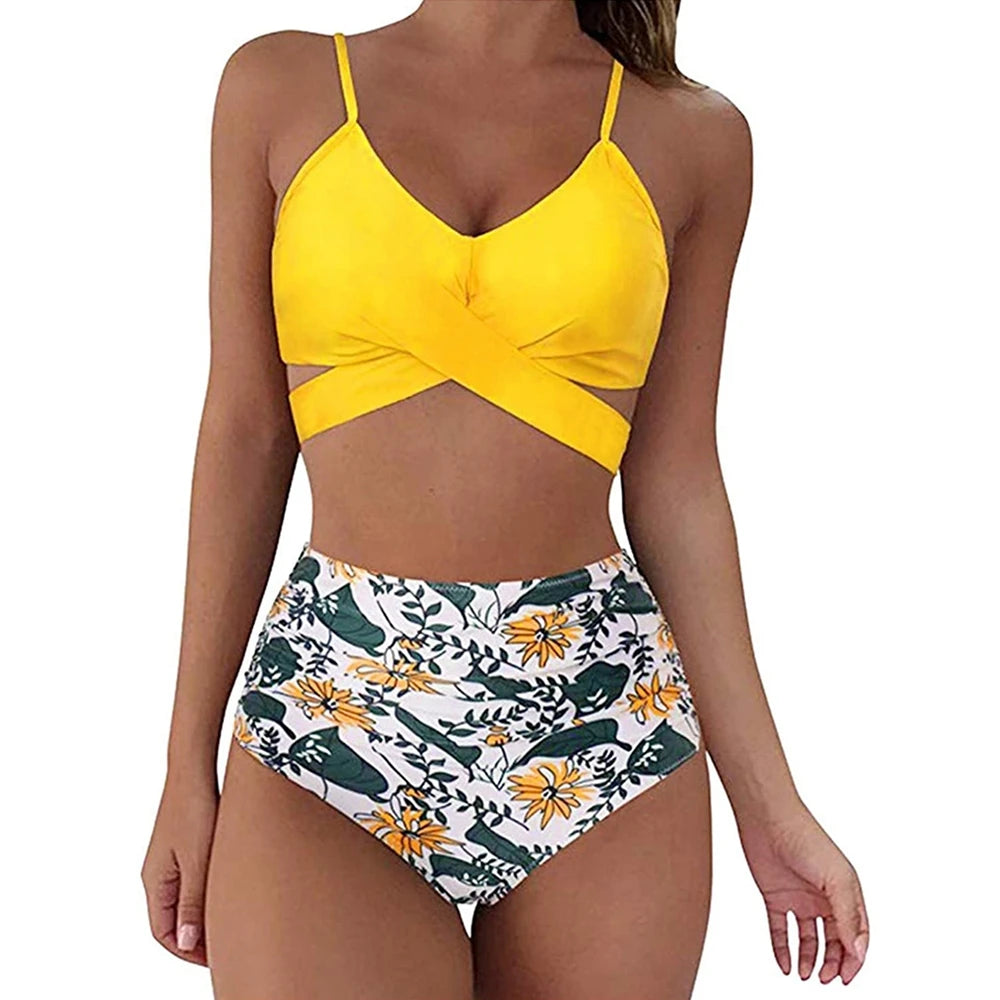 High Waist Bikini Set — Cross Front Top & Ruched Bottoms | Women's Swimwear