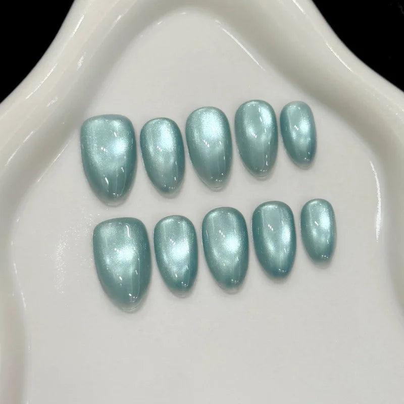 Cat Eye Almond Press-On Nails - 10-Piece Handmade Set
