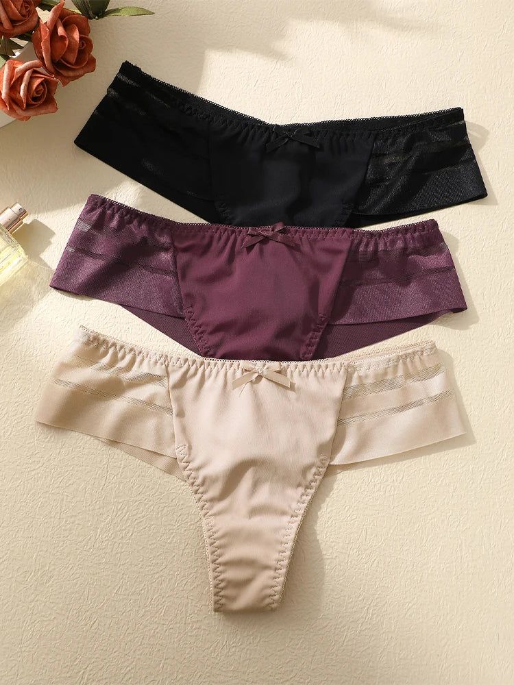 3-Pack Lace Hollow-Out Bow Thongs — Silky Low-Rise G-String Panties