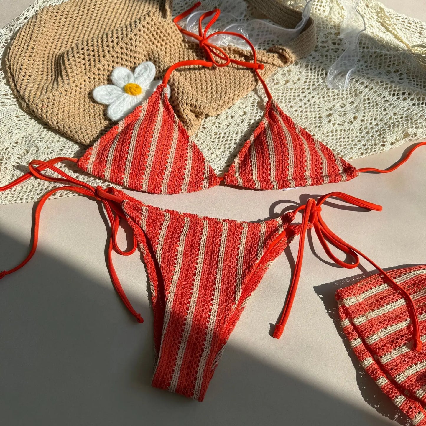 Striped Halter Triangle Bikini Set — 3-Piece with Mini Skirt Cover-Up | Women's Swimwear