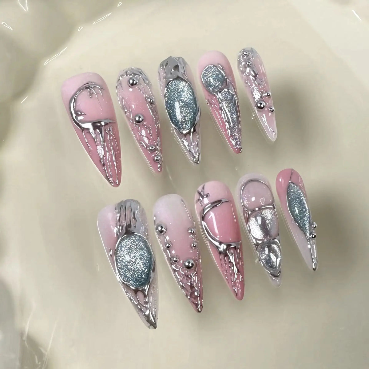 Long Stiletto Press-On Nails – Blue & Pink Cat-Eye with Silver Stripes, 10 Pieces