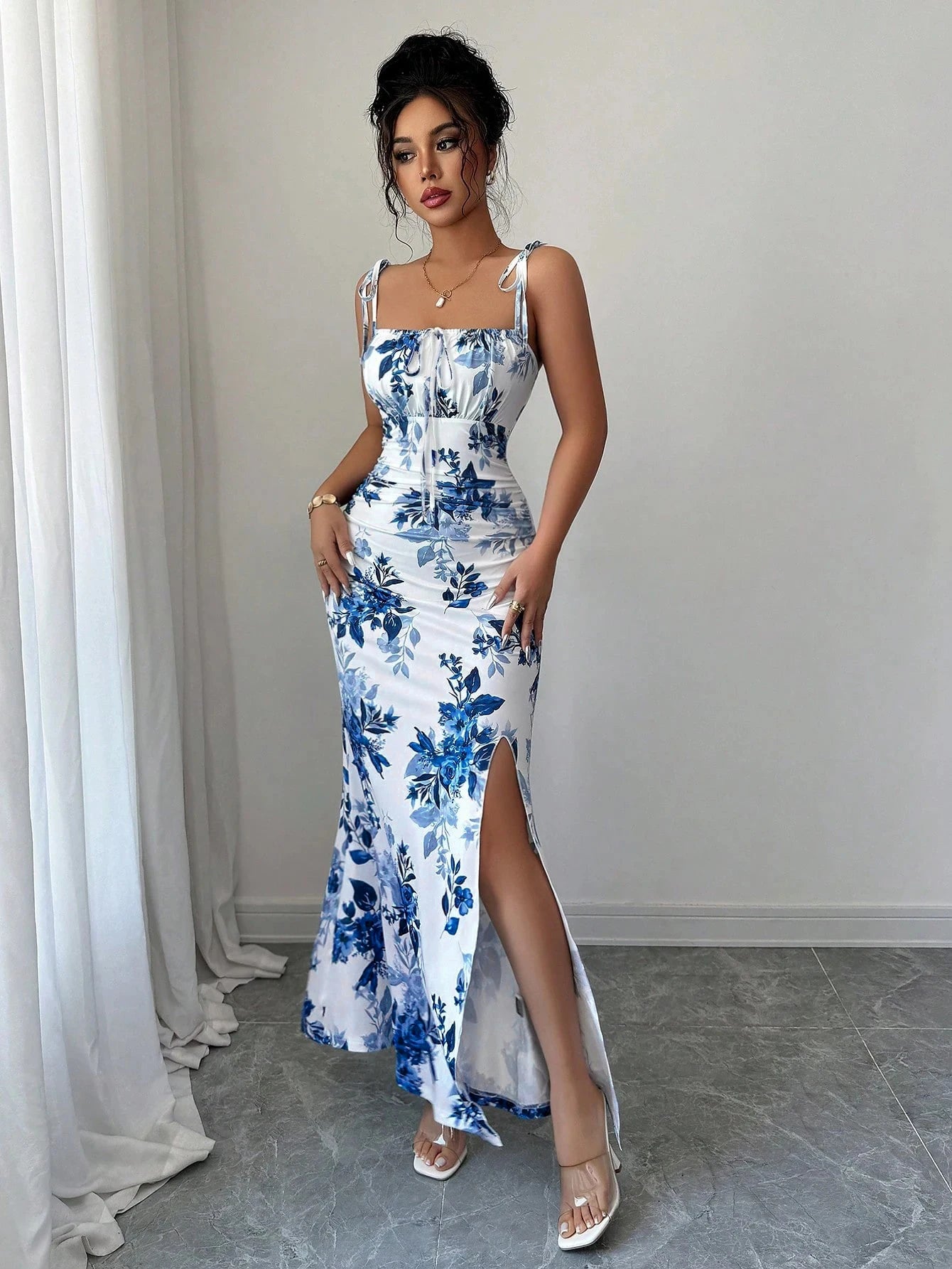 Drawstring Printed Bodycon Split Cami Dress Sexy Slim-fit Essential for Daily & Dates
