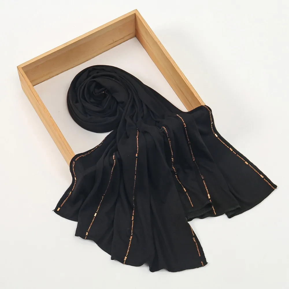 New Breathable Rhinestone Hijab Scarf Soft Glitter Shimmer Edge Headband Turban Solid Color Headscarf For Women