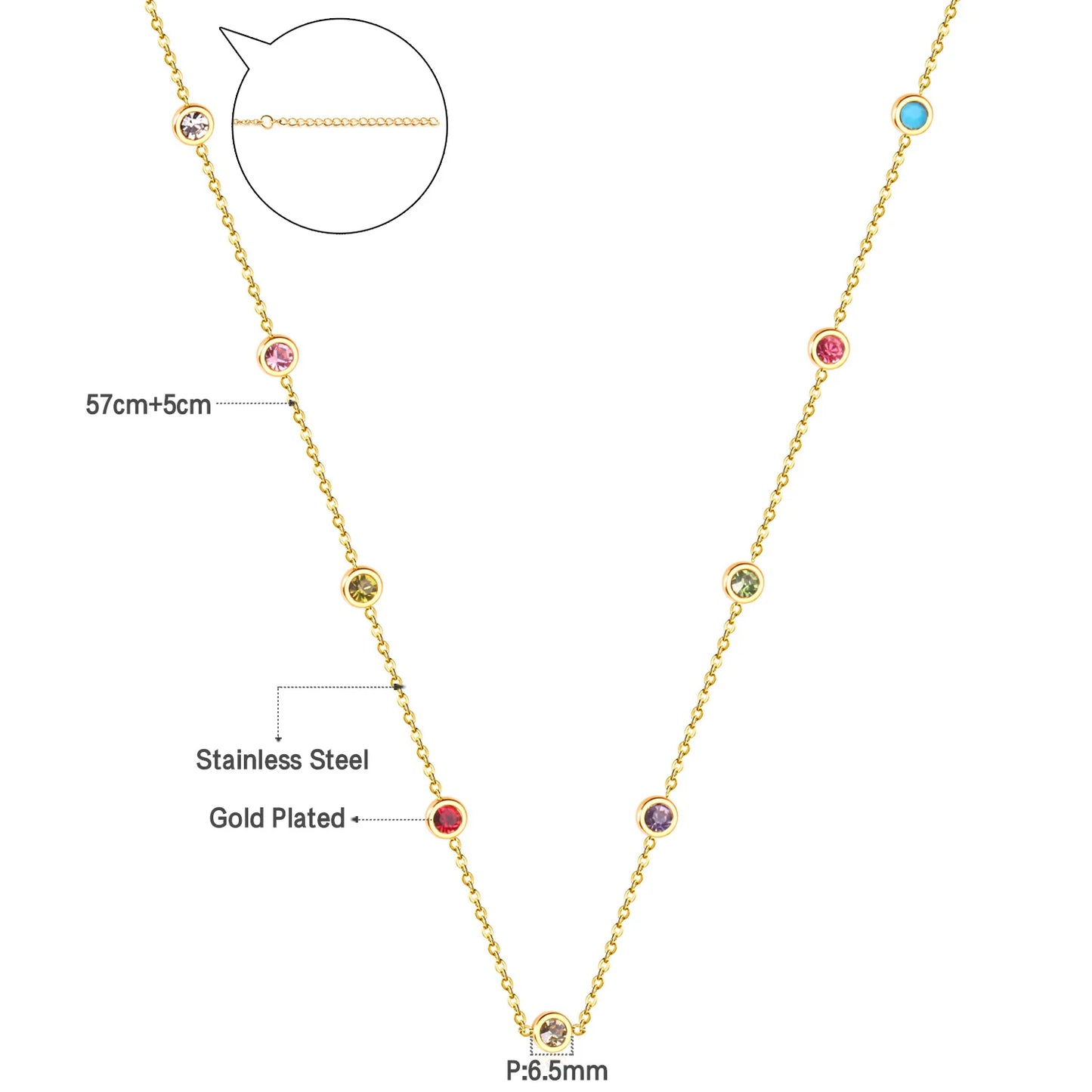 Colorful Rhinestone Chain Necklace – Multicolor Zirconia 18K Gold-Plated Stainless Steel Sweater Necklace for Women