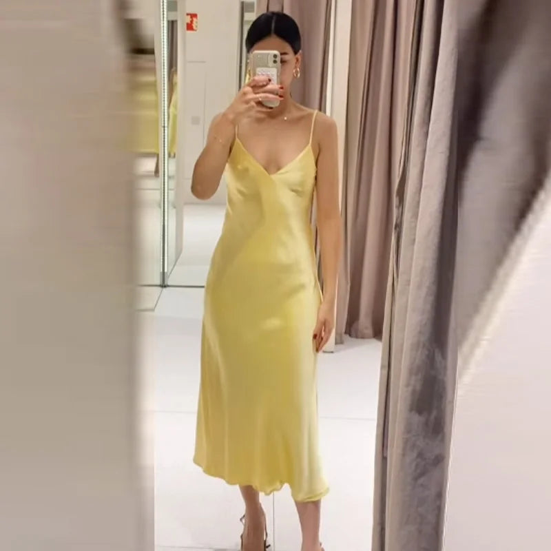 HXAO Womens Yellow Slip Dress Summer 2025 Woman Satin V-Neck Party Dresses Elegant Evening Sleeveless Backless Long Vestidos 066
