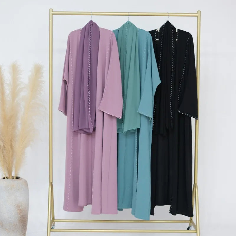 2 Piece Arabia Muslim Modest Cardigan for Women Eid Dubai Hijab Kimono Abaya Dress Luxury Islam Coat Clothing Turkish Solid Robe