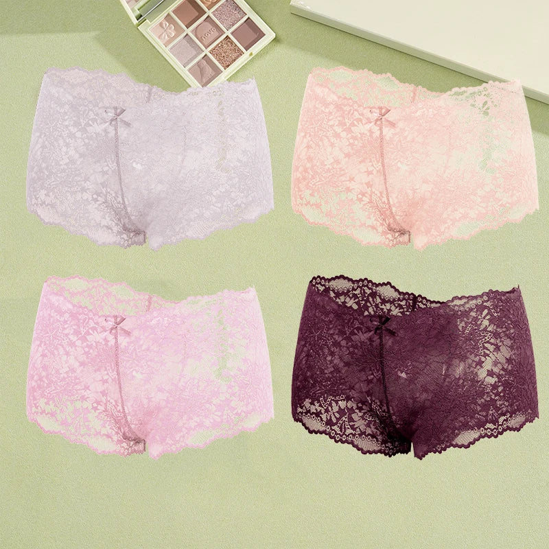 4-Pack Hollow Lace Boyshort Panties – Low-Rise Breathable Underwear for Women (S–2XL, 13 Color Sets)