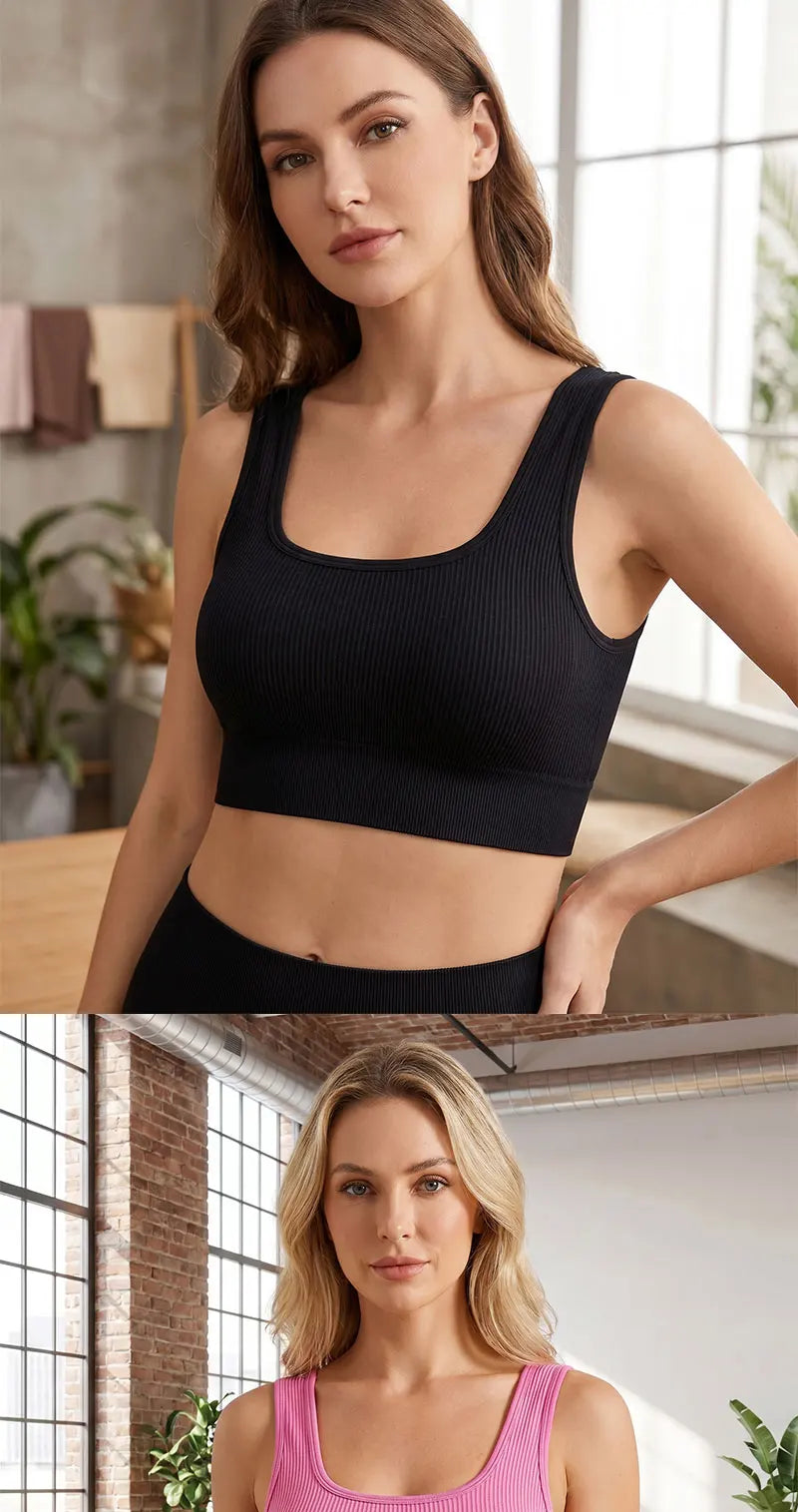 Women's Ribbed Yoga Tank Top – Padded Sports Bra | Square Neck Workout Vest