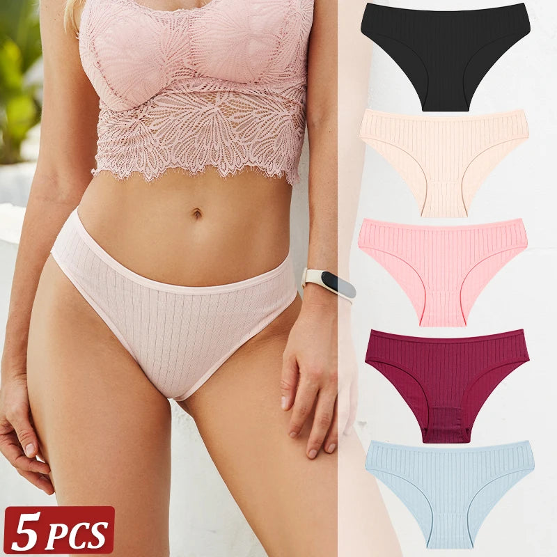5-Pack Cotton Striped & Solid Brief Panties – Breathable Low-Rise Underwear for Women (M–XL, 12 Color Sets)