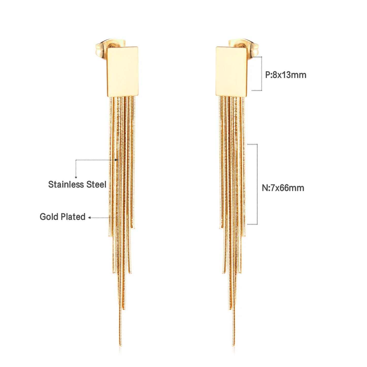 Long Tassel Drop Earrings – 18K Gold-Plated Stainless Steel Dangle Earrings for Women
