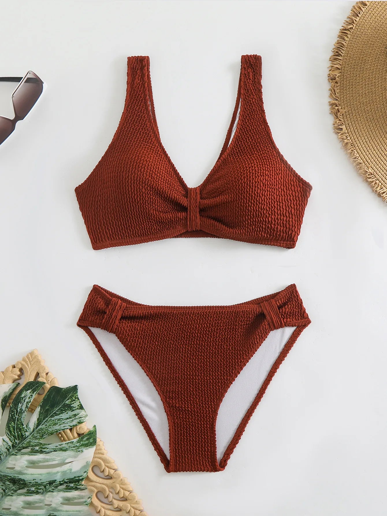 Solid Color High Waist Bikini Set — V-Neck Textured Top & Cheeky Bottoms | Women's Swimwear