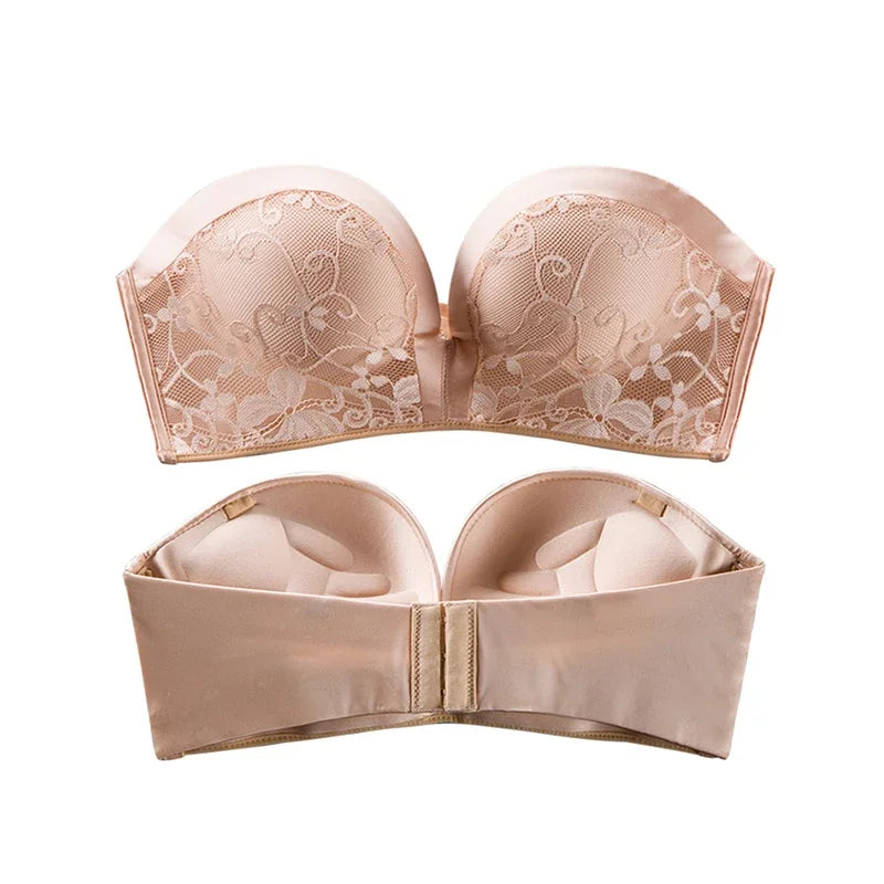 Women's Strapless Push Up Bra & Seamless Invisible Underwear Set | Lace No-Show Panties for Backless Wedding Dress (70A–85B)