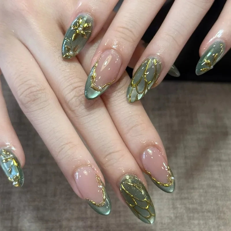 Medium Almond Cat Eye Press-On Nails - Glitter & Gold-Tone Designs, 24 Pieces