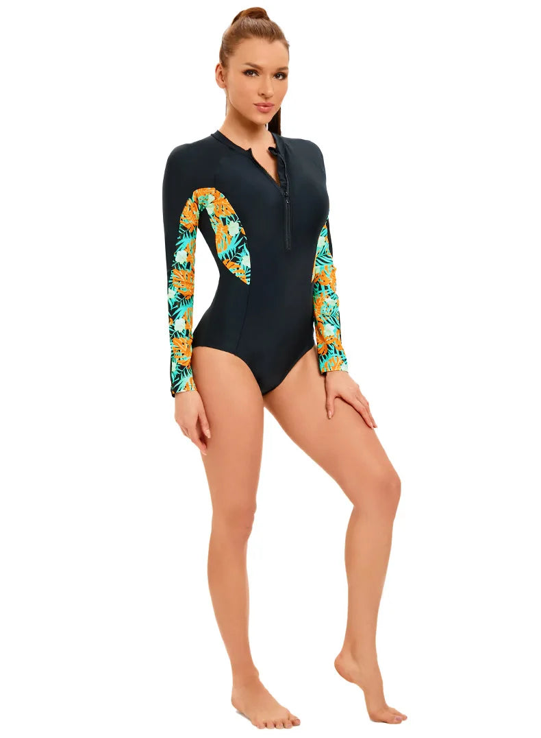 Long Sleeve Zip-Front Rash Guard One-Piece Swimsuit — UPF Sun Protection | Women's Swimwear