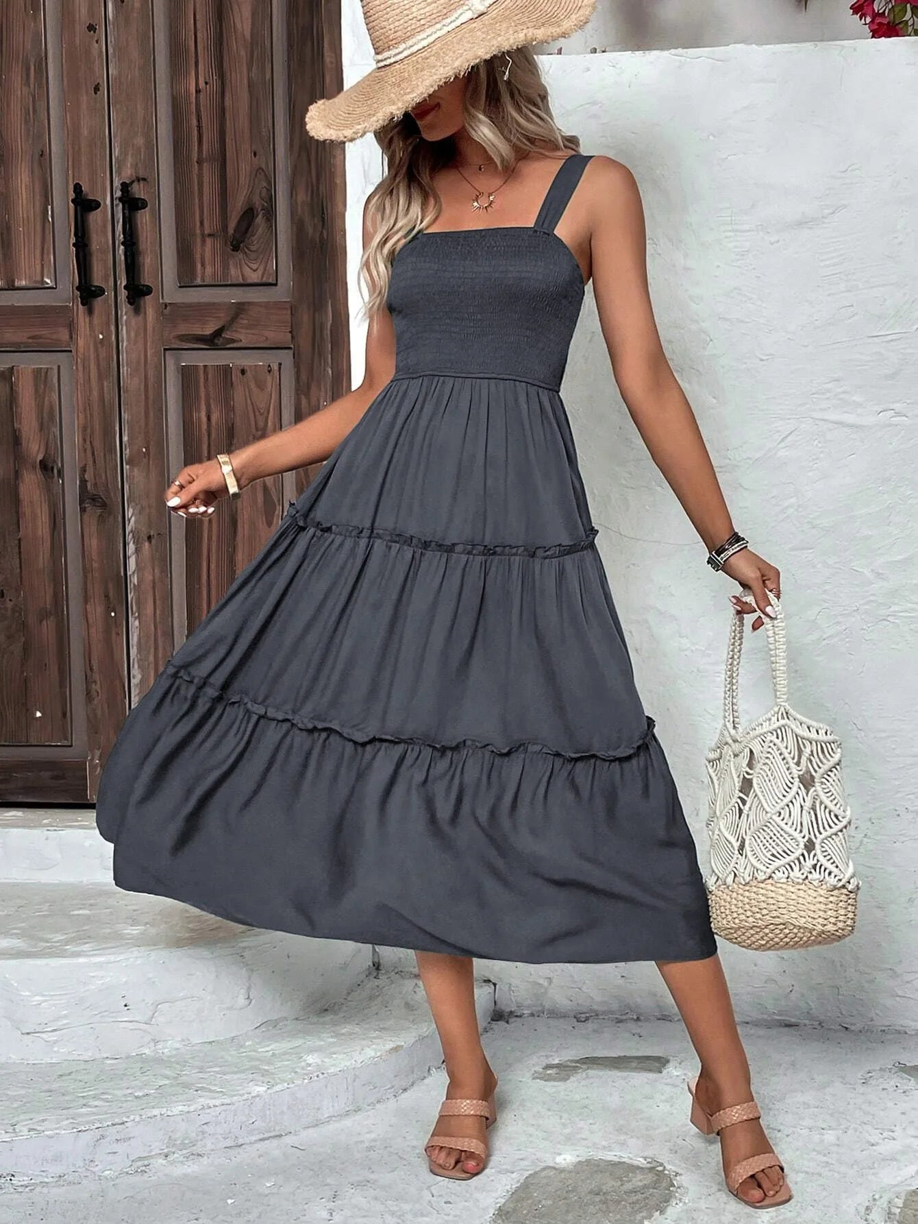 Women's Ruched Bust Ruffle Hem Sleeveless Slip Dress - Summer Sexy Bodycon Tube Strap Dress for Party Beachwear