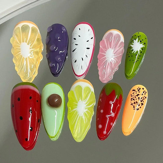 Summer Fruit Press-On Nails – Handmade 3D French Almond 10-Piece Kit