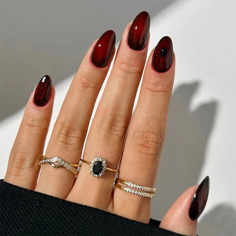 Halloween Press-On Nails – Red & Black Stripe and Silver Rivet Designs, 24 Pieces