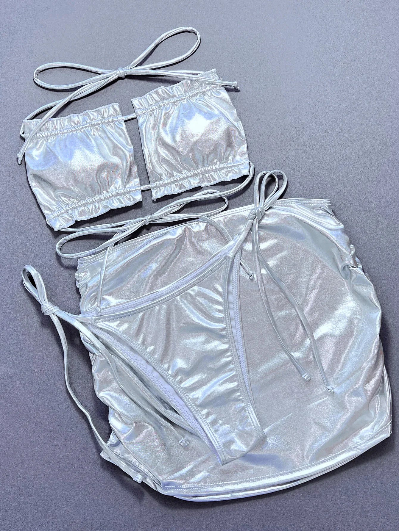 Silver Metallic 3-Piece Bikini Set — Strapless Ruffle Top, High Waist Bottoms & Mini Skirt | Women's Swimwear