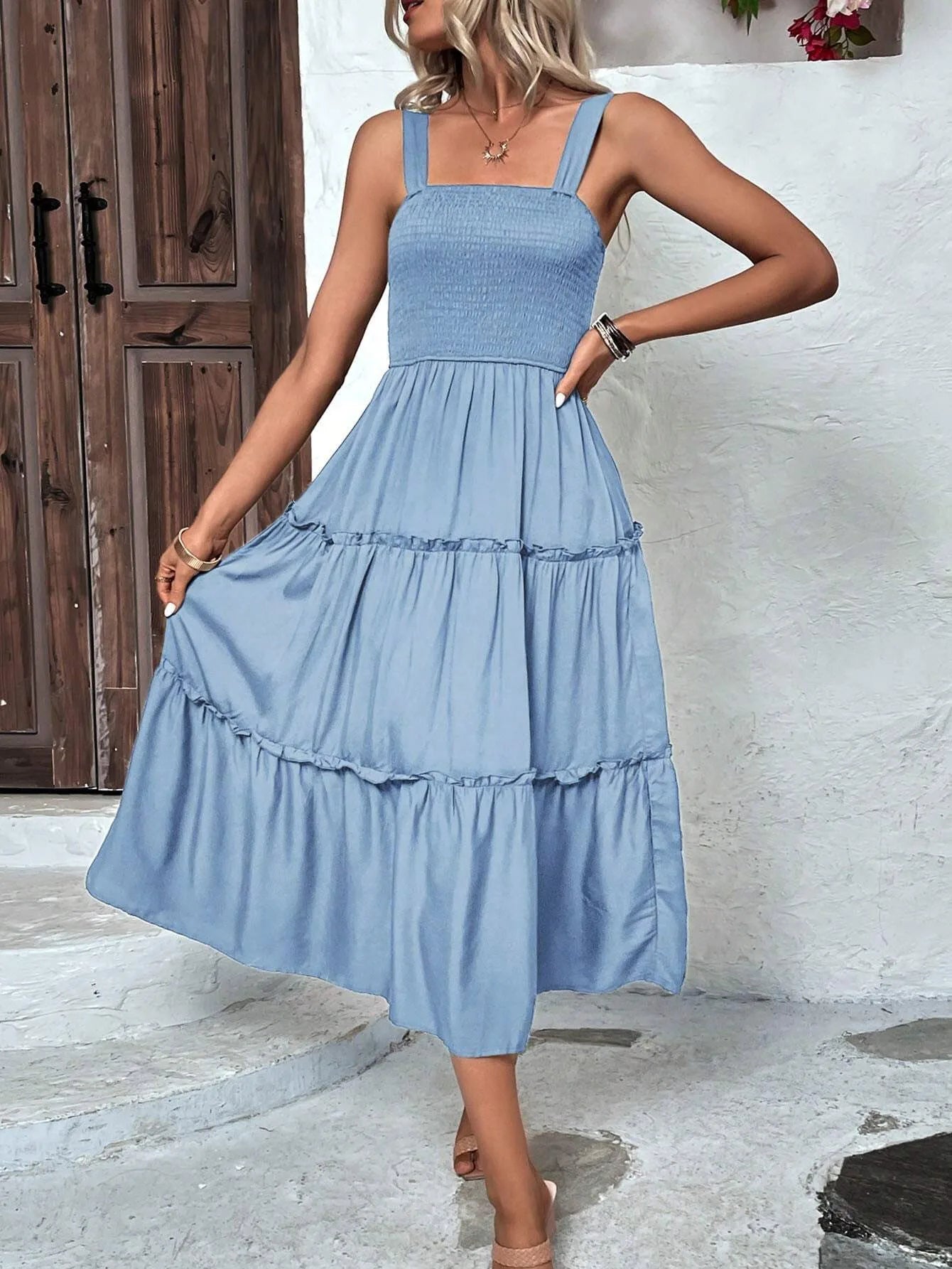 Women's Ruched Bust Ruffle Hem Sleeveless Slip Dress - Summer Sexy Bodycon Tube Strap Dress for Party Beachwear