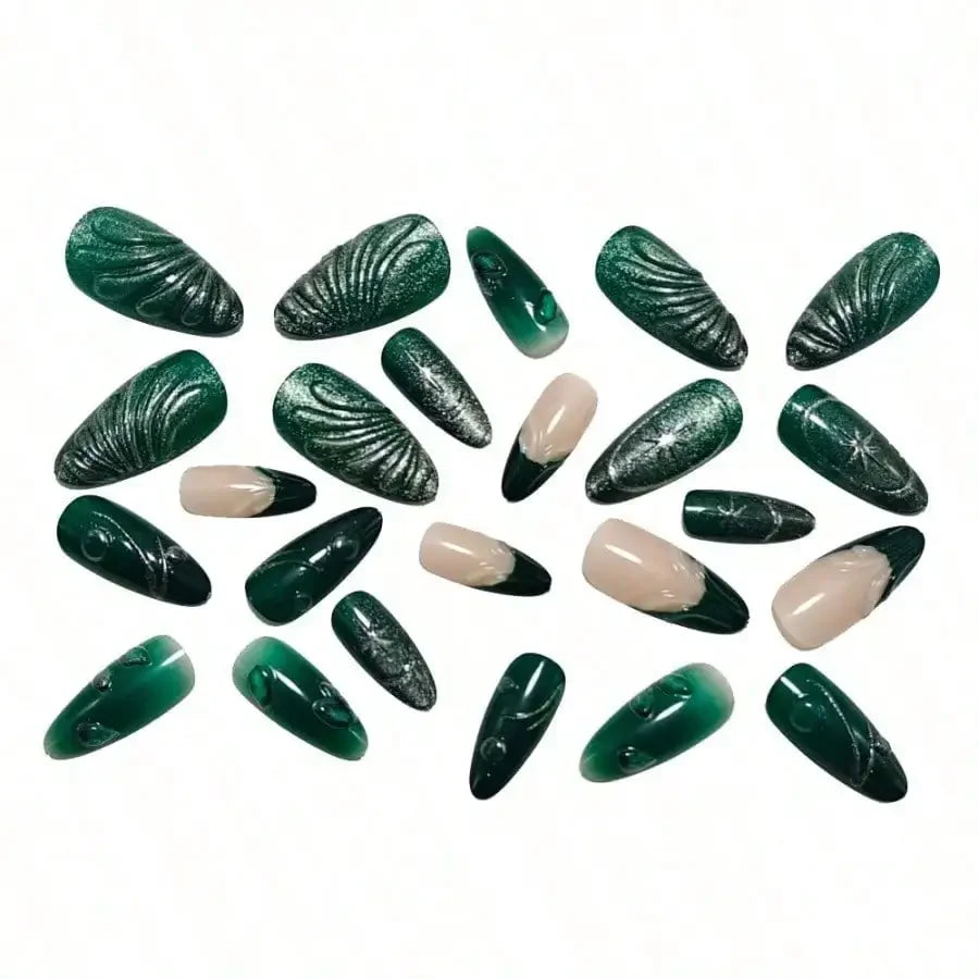 Green Cat Eye Press-On Nails with 3D Wavy French Design - 24 Pieces