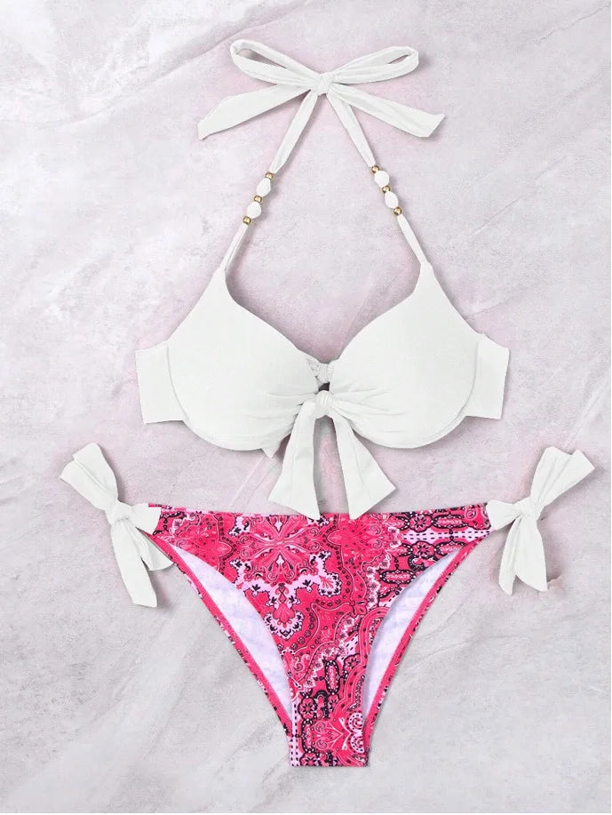Push-Up Halter Bikini Set — Bow-Tie Top & Printed Side-Tie Bottoms | Women's Swimwear