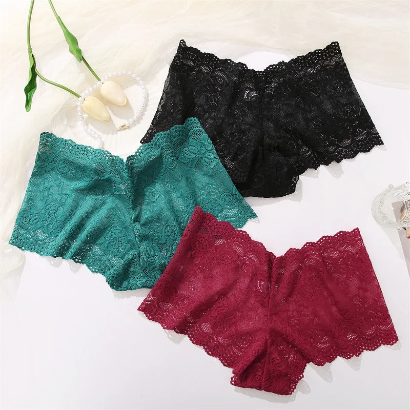 3-Pack Floral Lace Boyshort Panties – Low-Rise Ultra-Thin Underwear for Women (S–XL, 10 Color Sets)