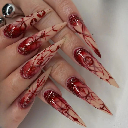 Halloween Blood-Pattern Press-On Nails – Long French Designs, 24 Pieces
