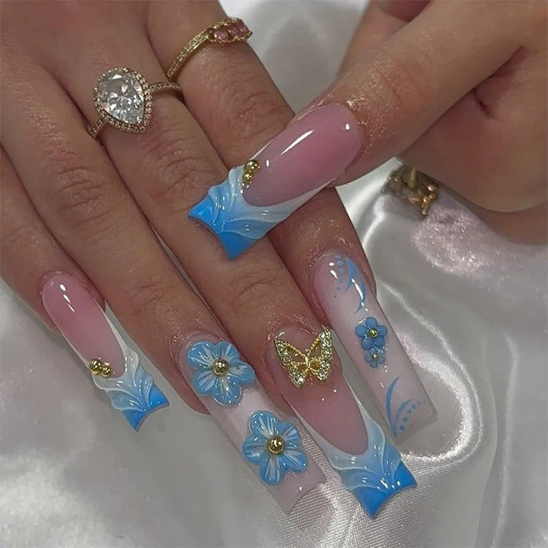Medium Square Press-On Nails with Adhesive - Blush Pink Floral & French, 24 Pieces