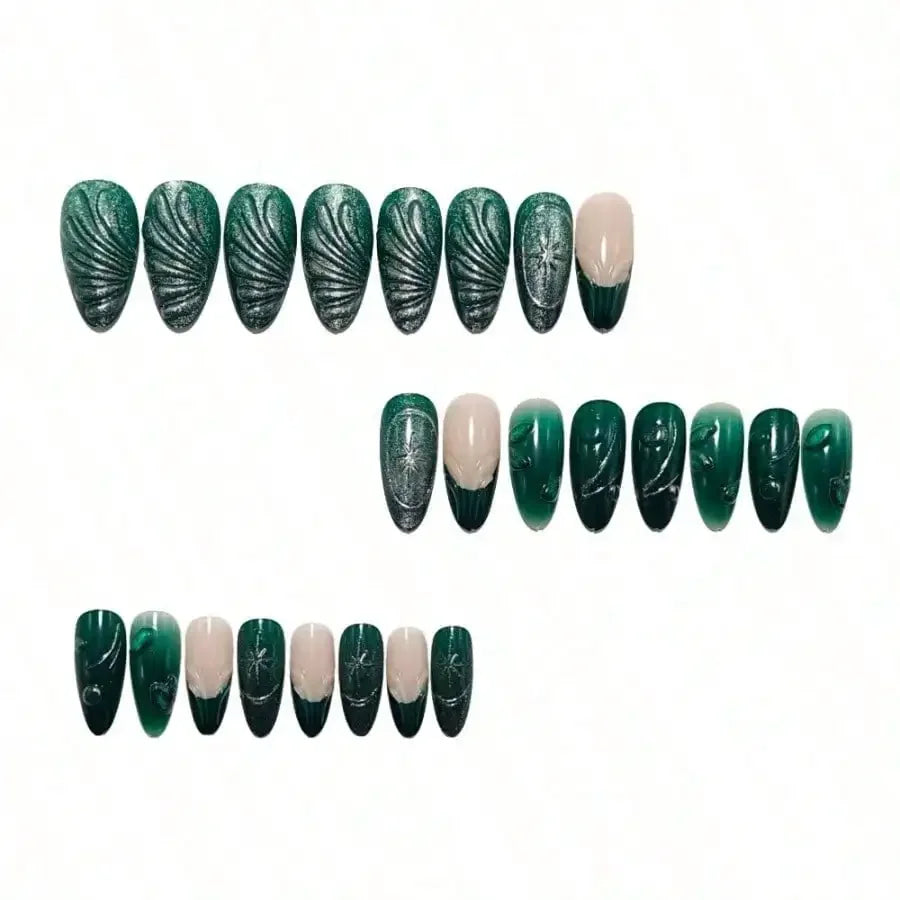 Green Cat Eye Press-On Nails with 3D Wavy French Design - 24 Pieces