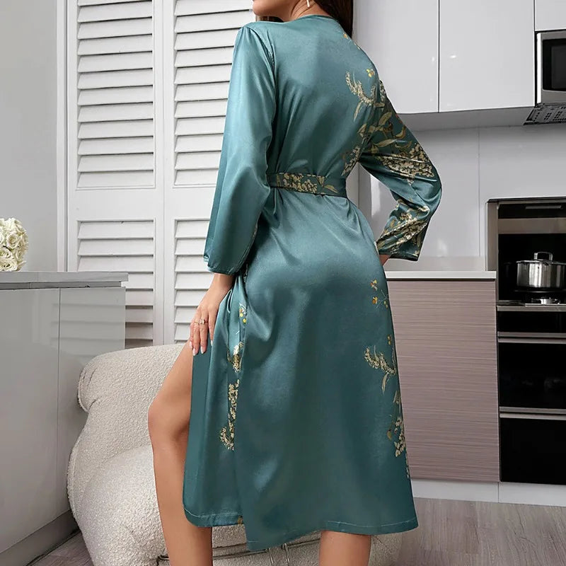 Women's Ice Silk Robe – Cherry Print Long-Sleeve Sleep Robe
