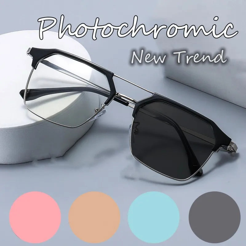 Luxury Intelligent Photochromic Myopia Glasses Double Deam Color Changing Finished Near-sighted Eyewear Men Women Minus Diopters