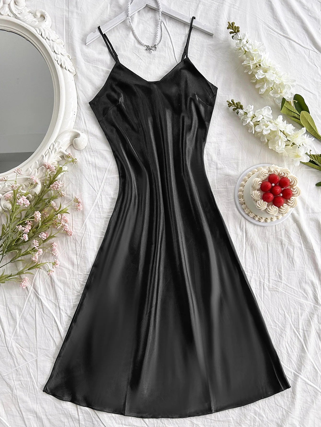 Satin Long Slip Nightdress — V-Neck Midi Sleeveless | Women's Elegant Sleepwear