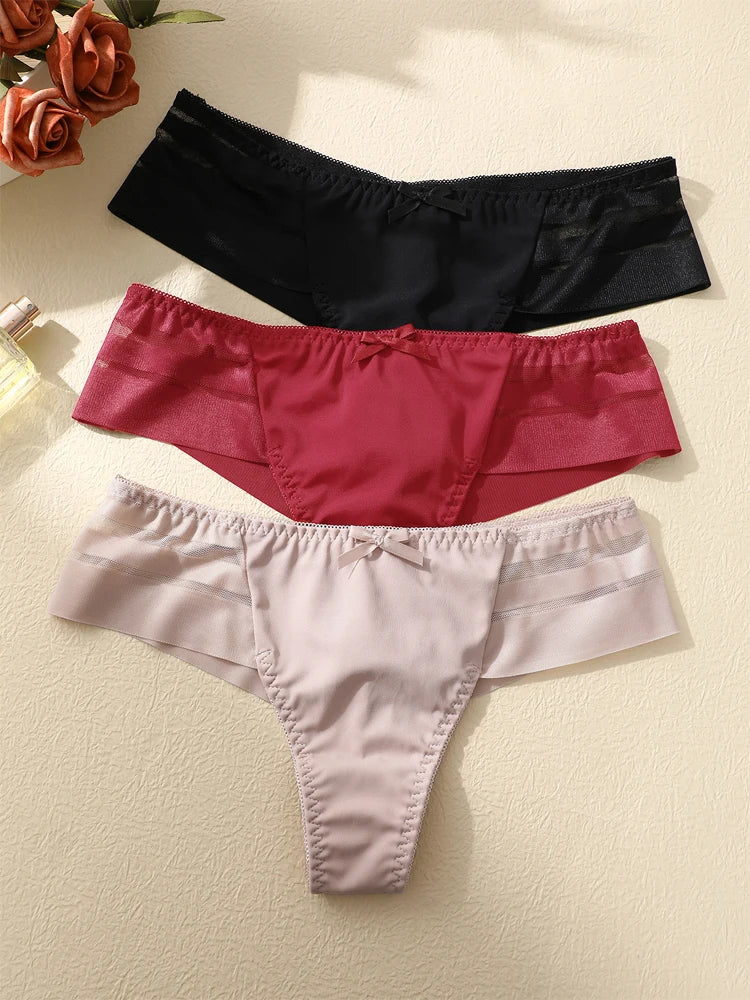 3-Pack Lace Hollow-Out Bow Thongs — Silky Low-Rise G-String Panties
