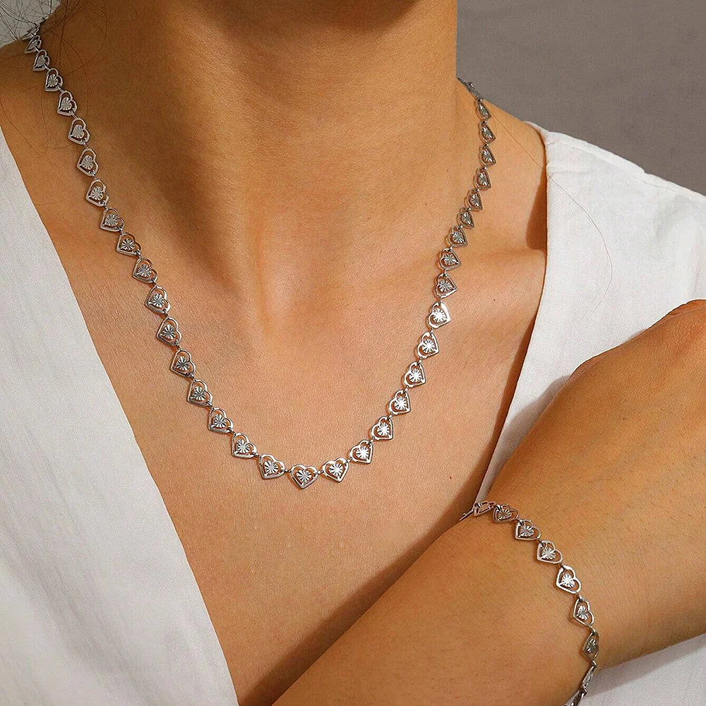 Cubic Heart Jewelry Set – 18K Gold-Plated Stainless Steel Necklace & Bracelet for Women