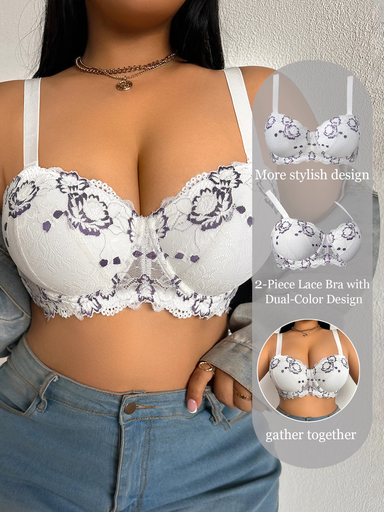 Plus Size Floral Embroidery Push-Up Bra — Wide Strap Underwire | Women's Bra