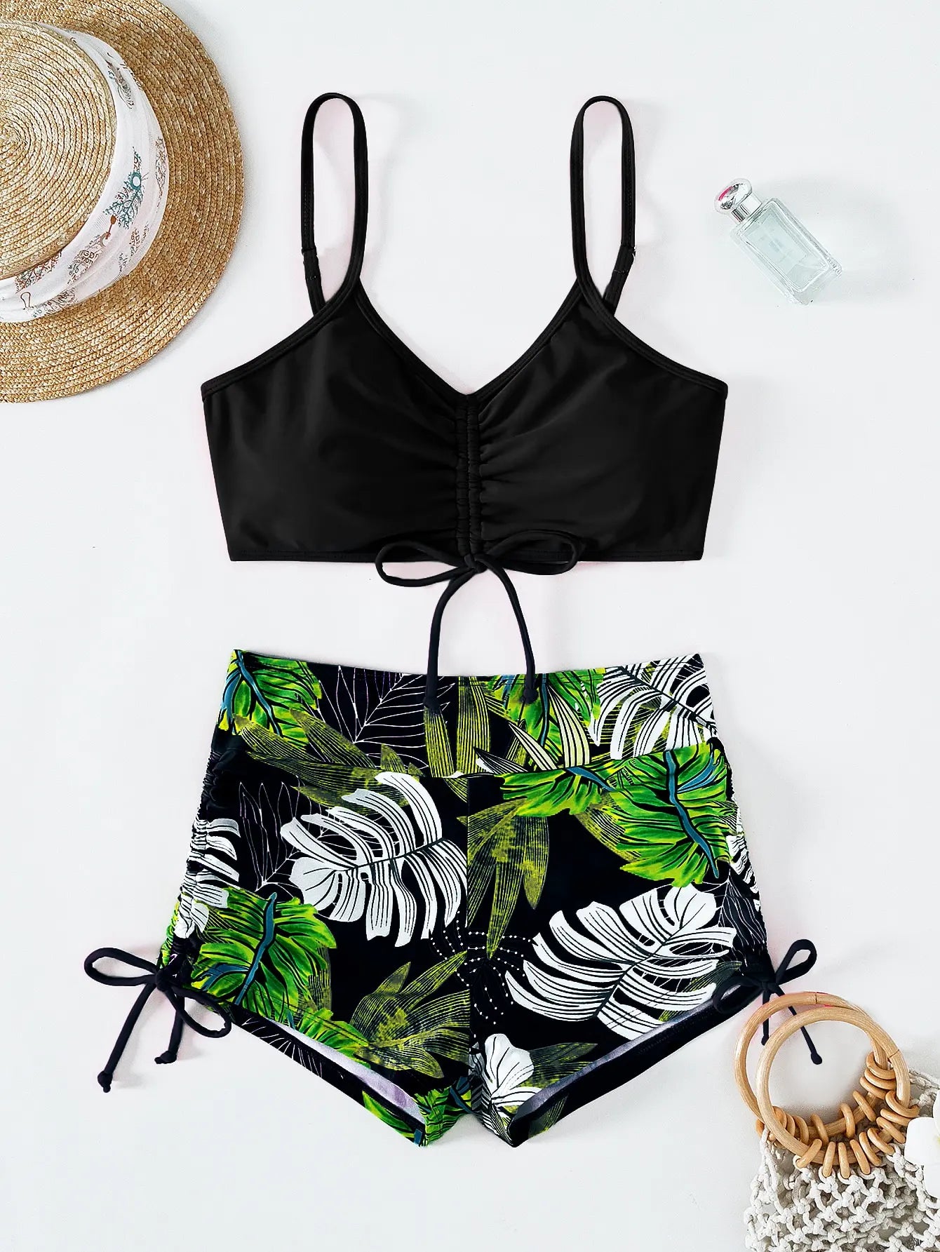 High Waist Shorts Bikini Set — Drawstring Top & Swim Shorts | Women's Swimwear